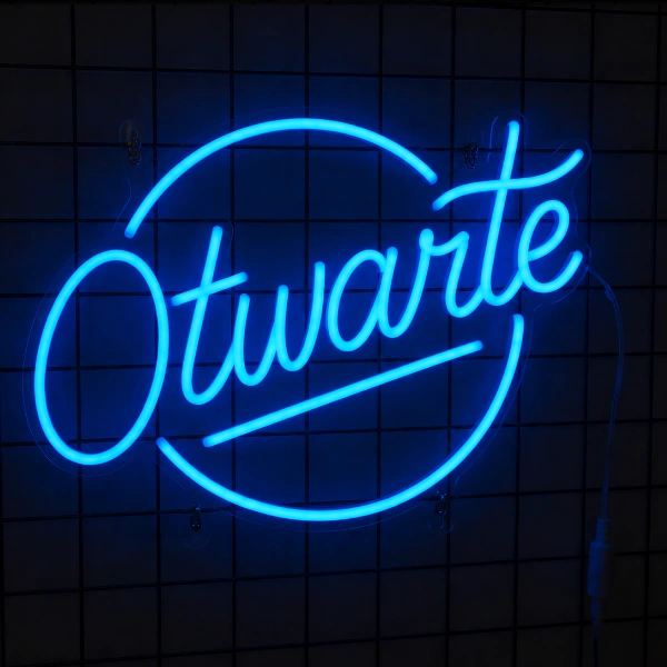 Niebieski neon Otwarte do sklepu, kawiarni lub lokalu usługowego