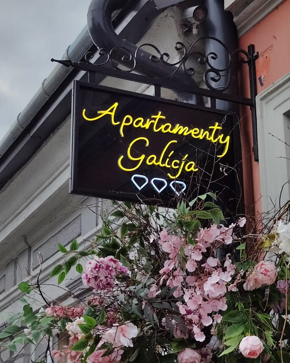 Neon zewnętrzny Apartamenty Galicja jako szyld na wysięgniku