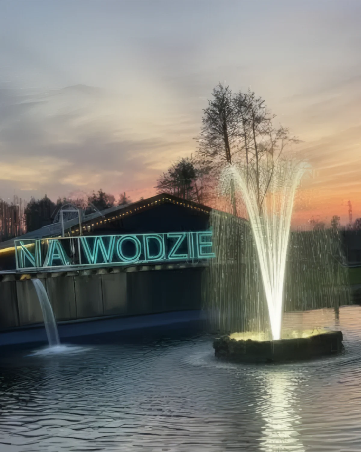 Neon zewnętrzny NA WODZIE jako podświetlany szyld lokalu nad wodą